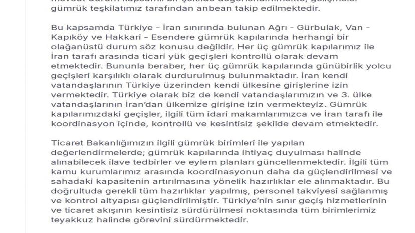 Bakan Bolat: Türkiye-İran arasında günübirlik yolcu geçişleri karşılıklı olarak durduruldu