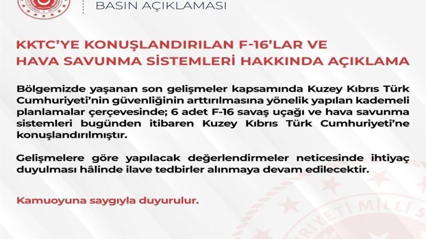 MSB: KKTC'ye 6 adet F-16 konuşlandırıldı