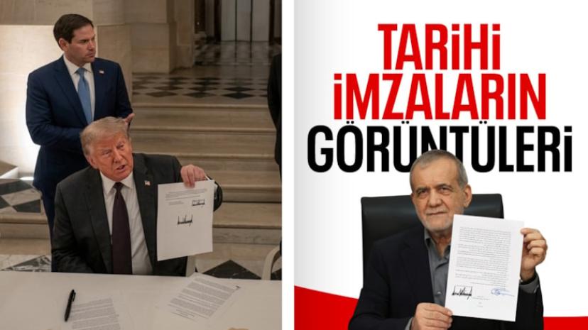 Donald Trump ve Mesud Pezeşkiyan'ın anlaşmayı imzaladığı anlar