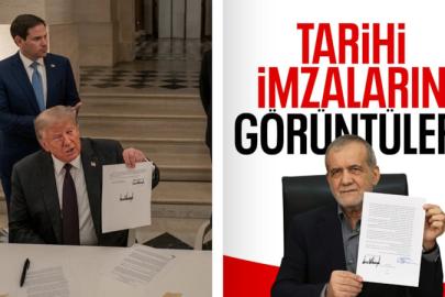 Donald Trump ve Mesud Pezeşkiyan'ın anlaşmayı imzaladığı anlar