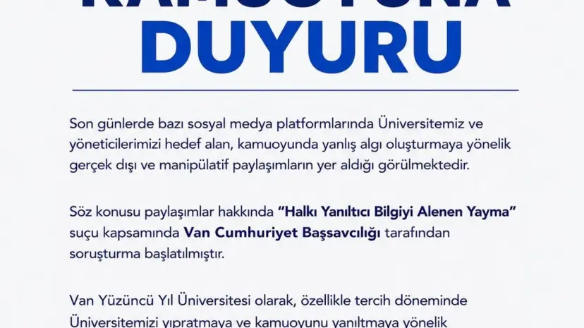 Van YYÜ’den Dikkat Çeken Açıklama: "Sosyal Medyadaki Bu Paylaşımlara İtibar Etmeyin"